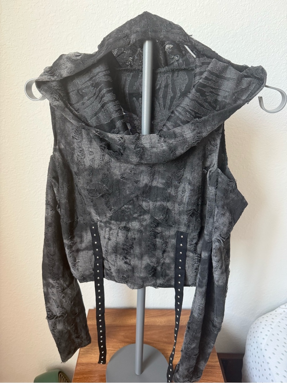 Women's Black Hooded Crop Top with Studded Ties
